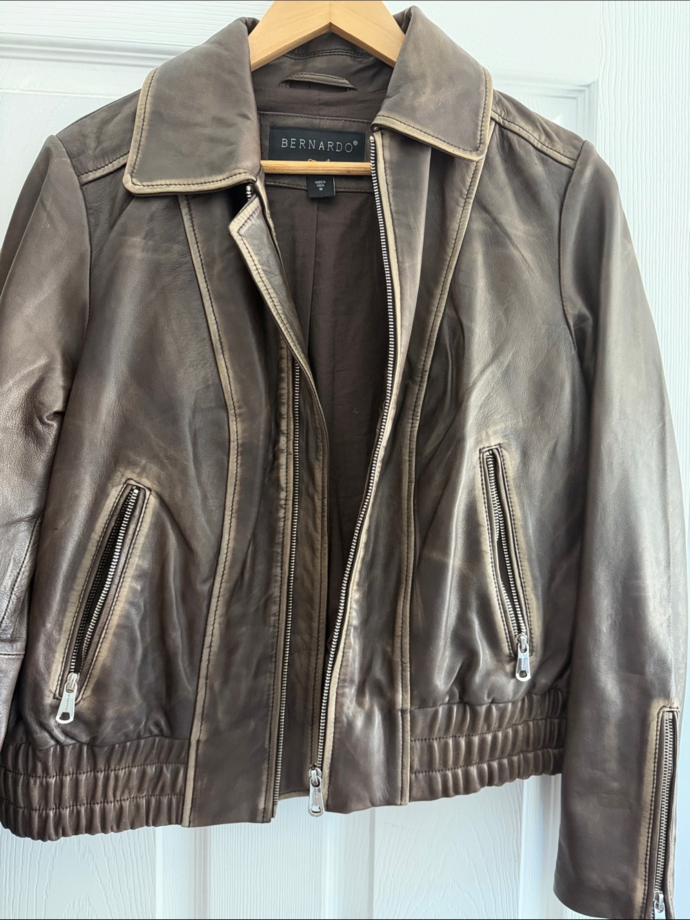 Bernardo Aviator Classic Brown Taupe Leather Zip-Front Jacket